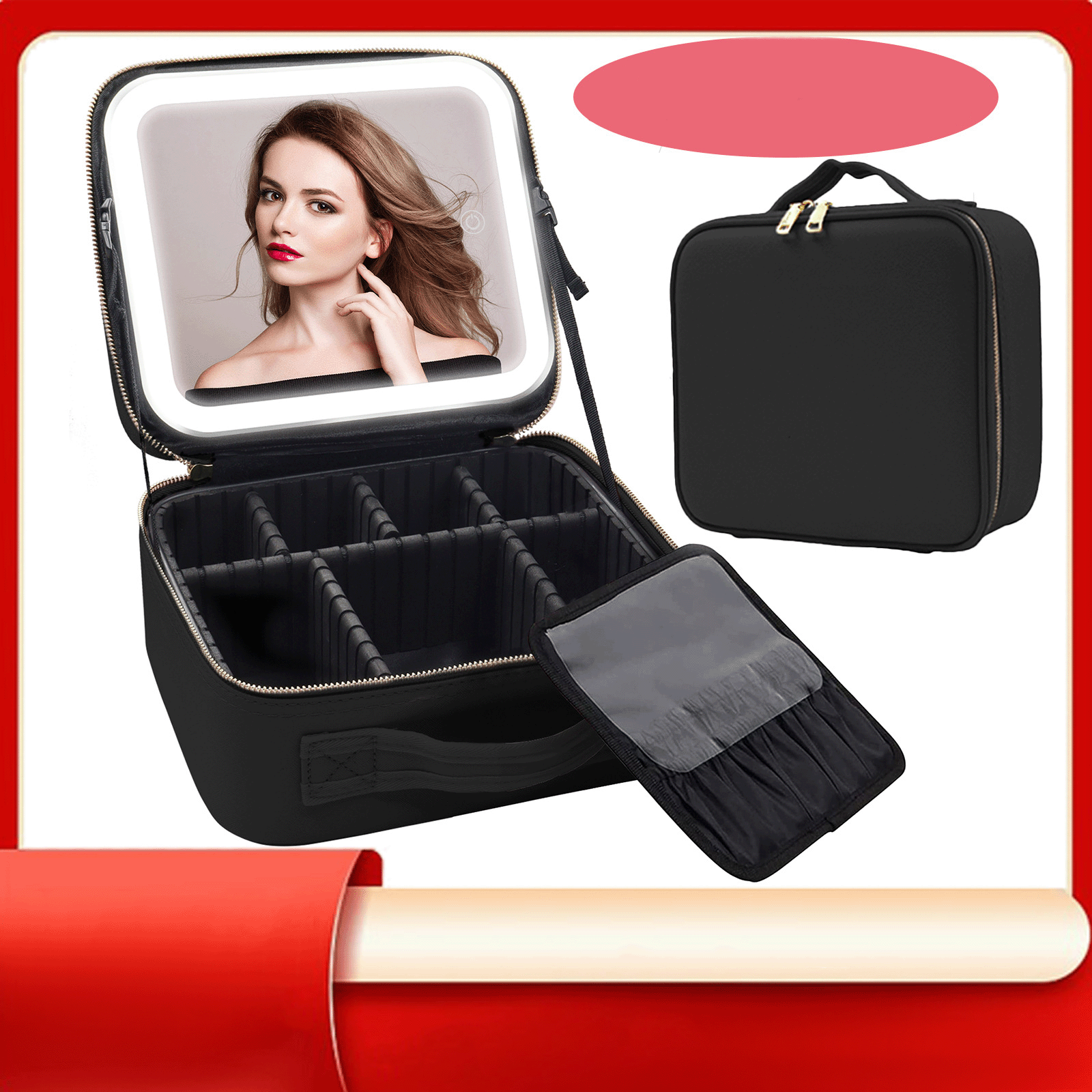 LED Mirror Travel Makeup Organizer with Cosmetic Bag Accessory