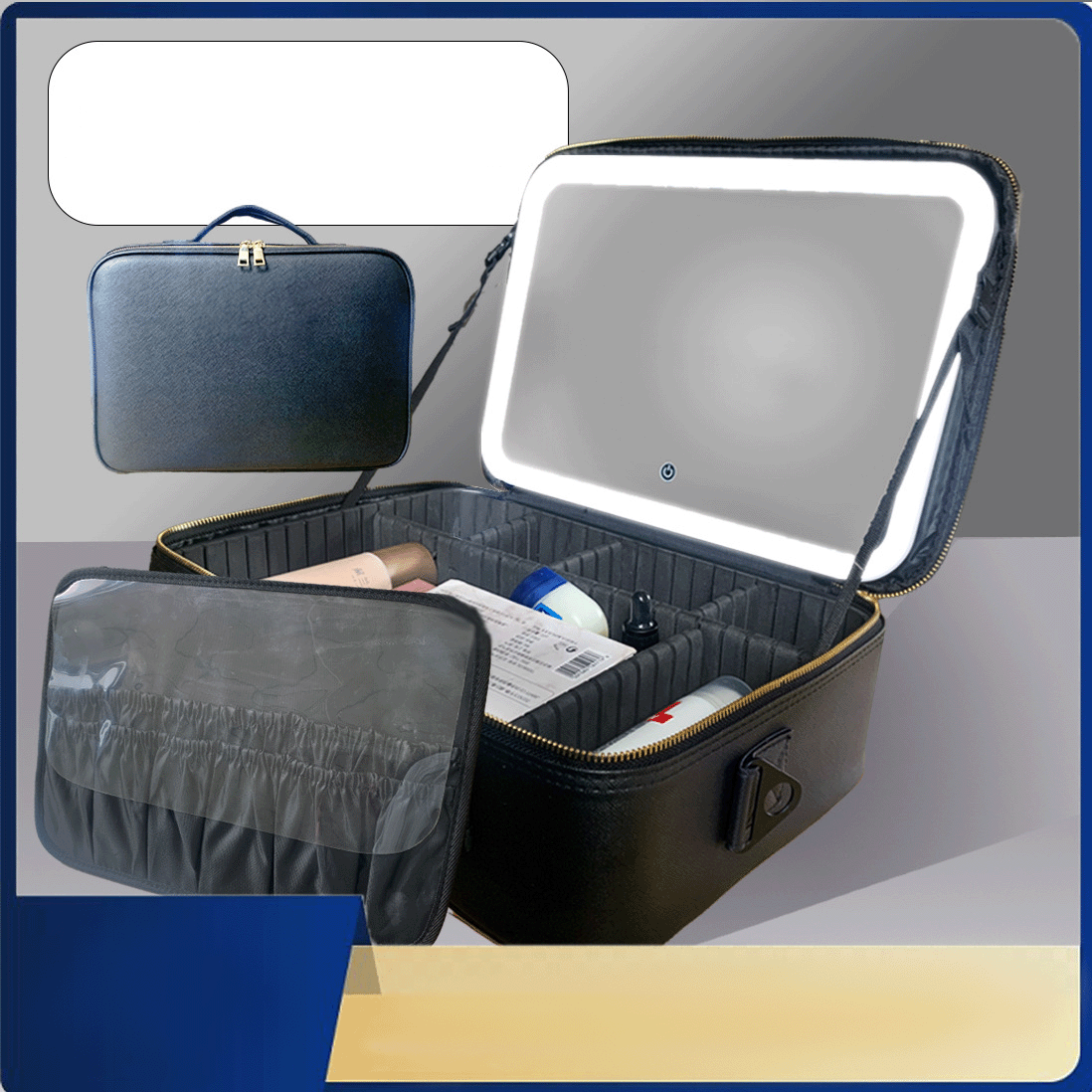 LED Mirror Travel Makeup Organizer with Cosmetic Bag Accessory