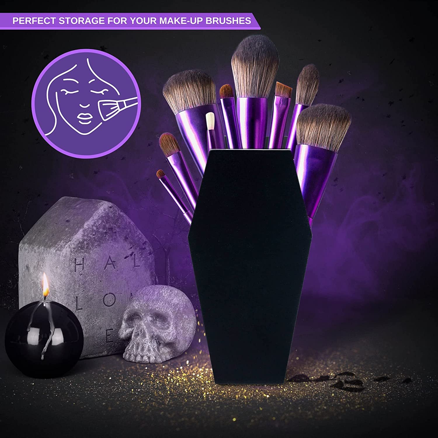 Makeup Coffin Shelf Set - Coffinshelf and Coffin Brush Holder for Gothic Decor - Wall Hanging or Free Standing Goth Makeup Organ