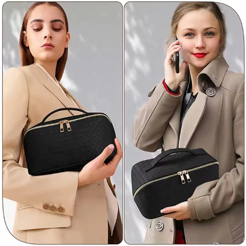Large Capacity Portable Travel Checked Cosmetic Bag cases With Handle and Divider Flat Lay Makeup Organizer Bag