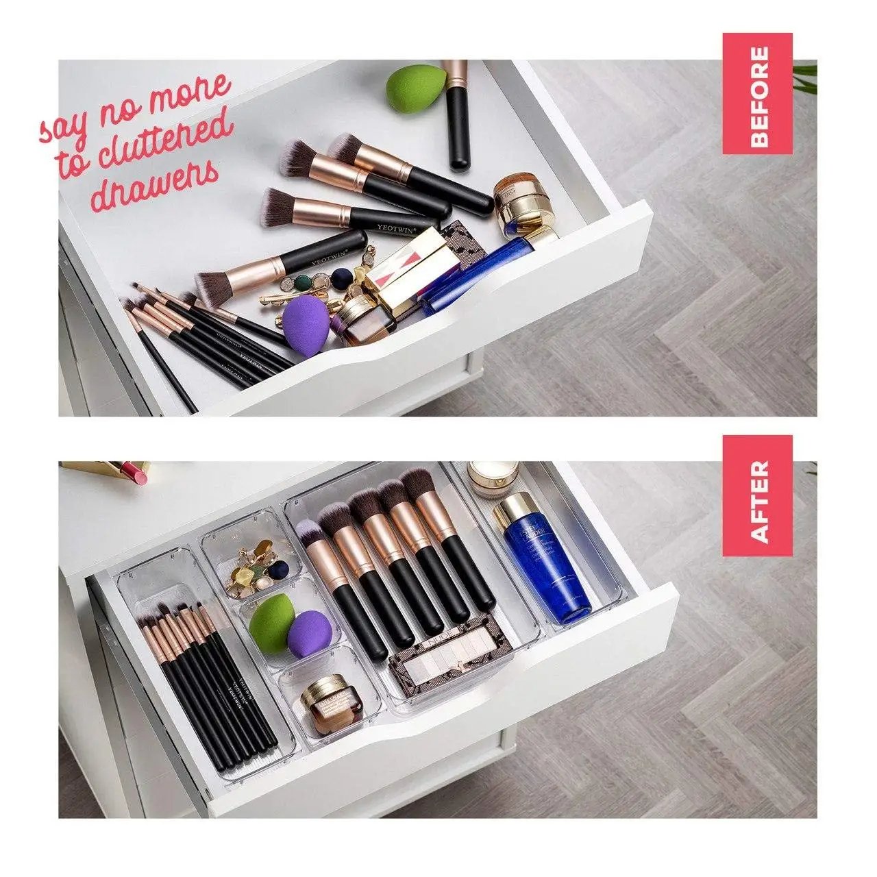 Wholesale Plastic Clear Versatile Drawer Organizer Trays Desk Clean Plastic Drawer Organizers Storage Bins Set