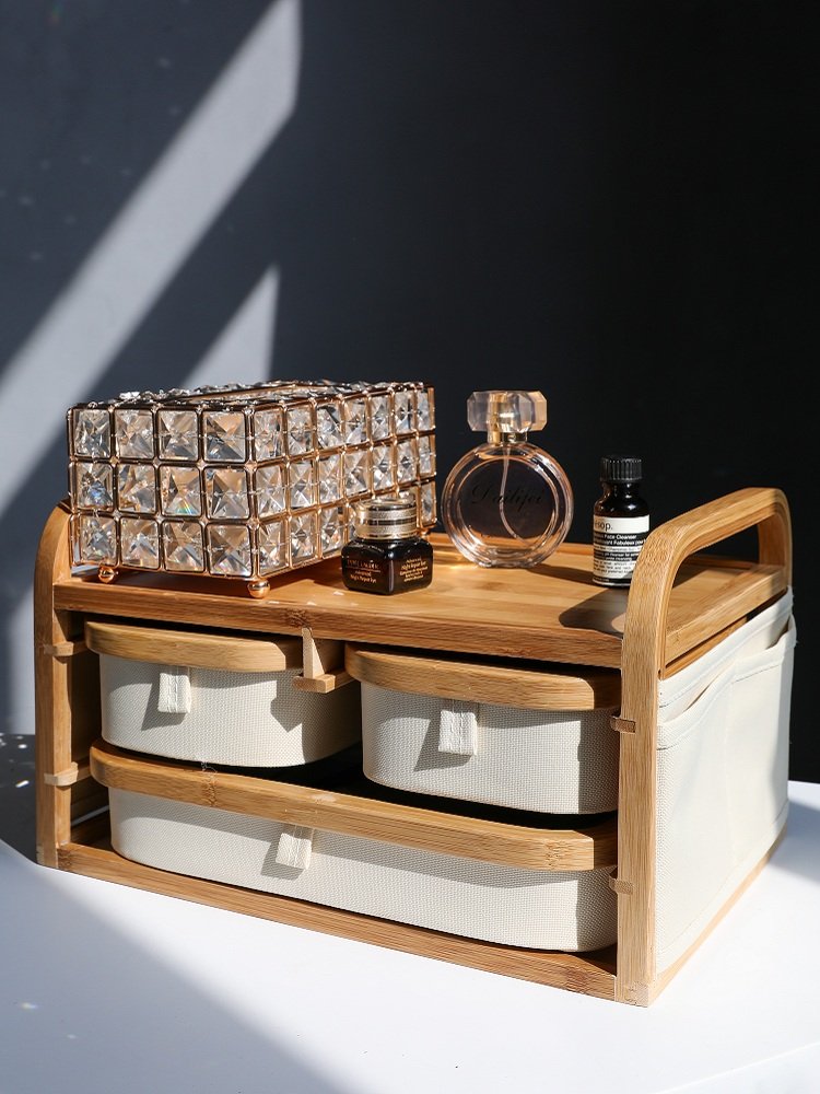 Multi Layer Oxford Cloth Drawers Storage Box Bamboo Wooden Office Desk Storage Box Desktop Makeup Cosmetic Organizer