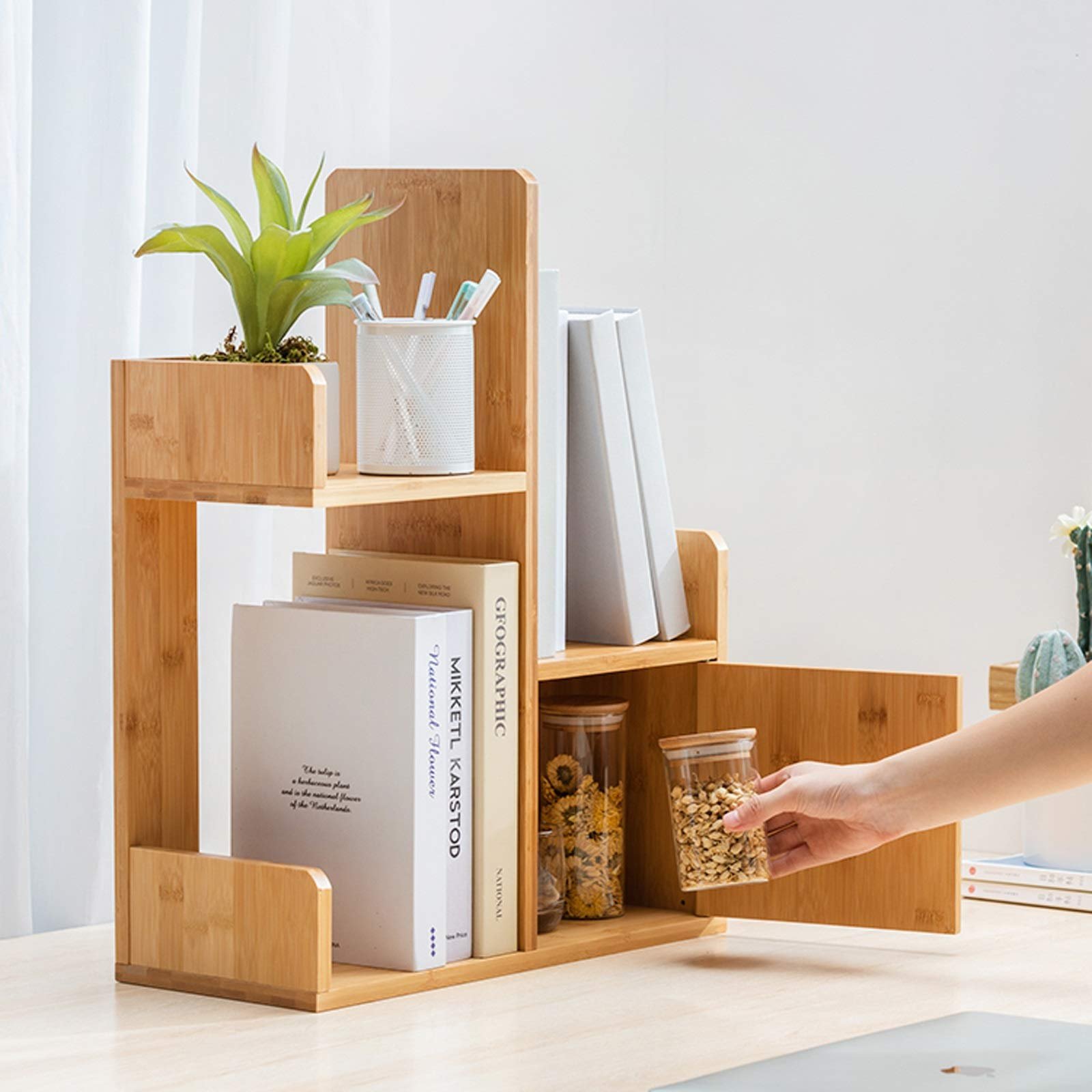 Bamboo Desktop Bookshelf Office Supplies Home Desk Decor Wood Display Stand Shelf Bamboo Desktop Bookshelf Organizer