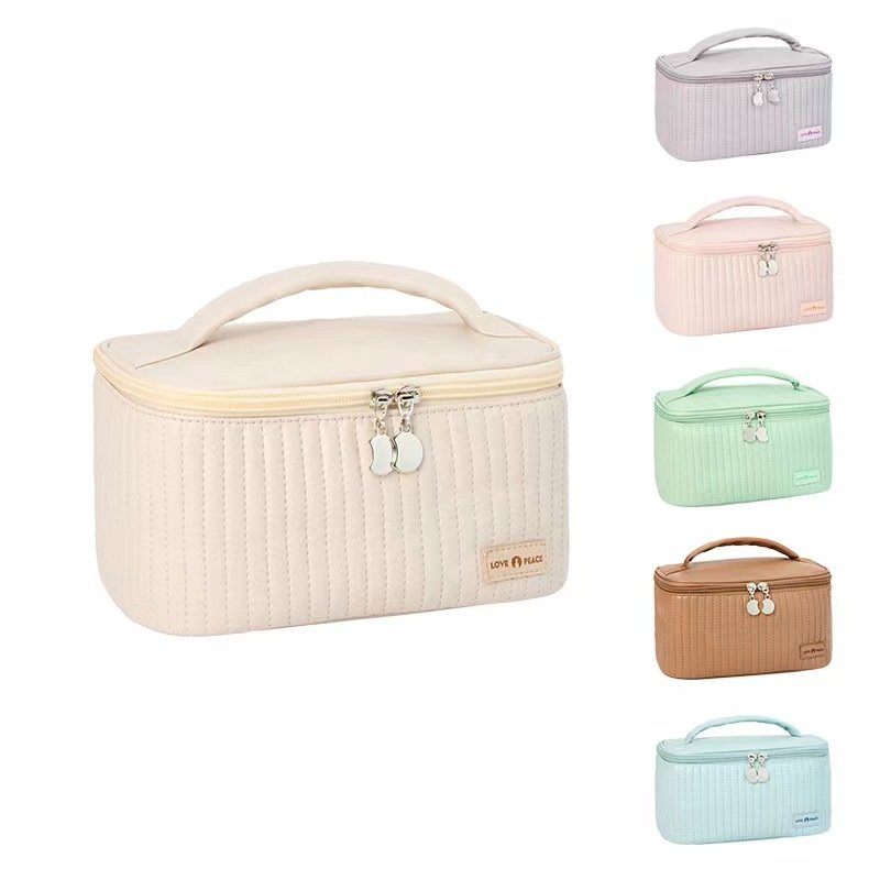 Three-Dimensional Open Cover Makeup Bag Pu Solid Color Portable Waterproof Toiletries Bag High-End Travel Organizing Storage Bag
