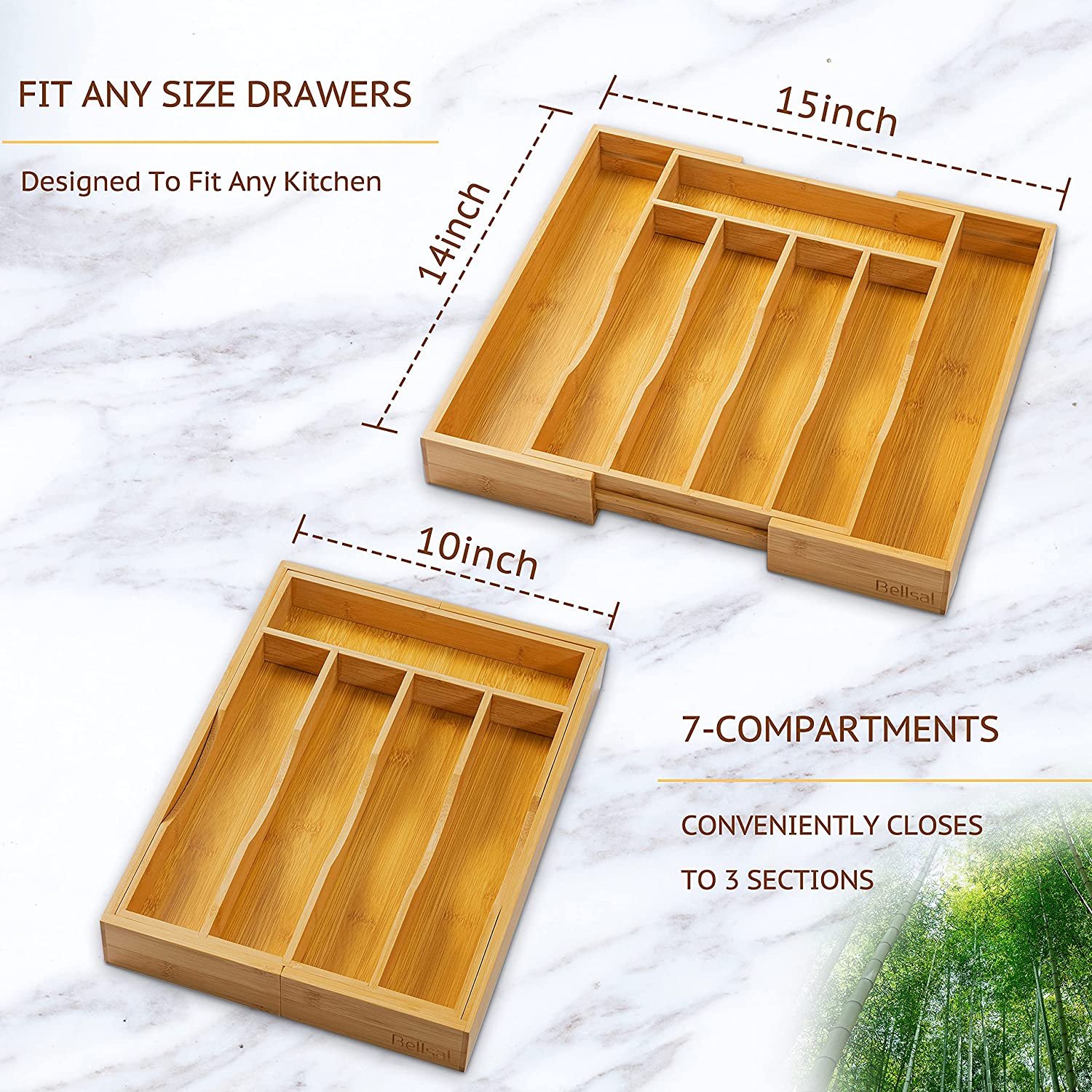 bedroom office kitchen makeup utensils silverware flatware adjustable expandable bamboo cutlery tray drawer organizer