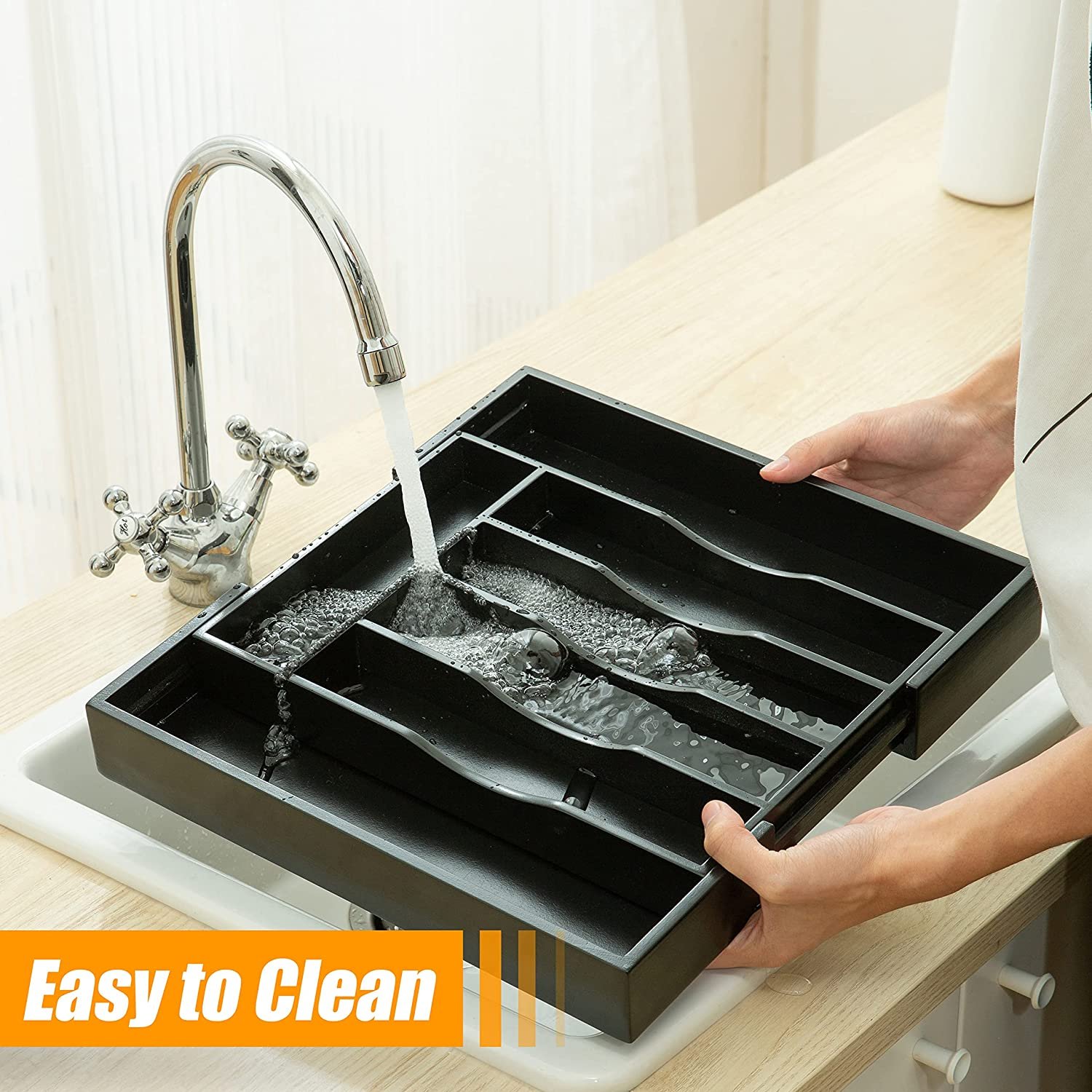 bedroom office kitchen makeup utensils silverware flatware adjustable expandable bamboo cutlery tray drawer organizer