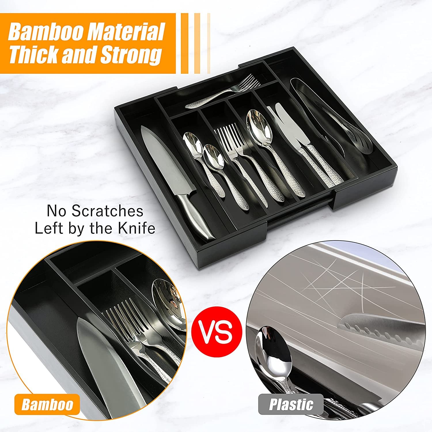 bedroom office kitchen makeup utensils silverware flatware adjustable expandable bamboo cutlery tray drawer organizer