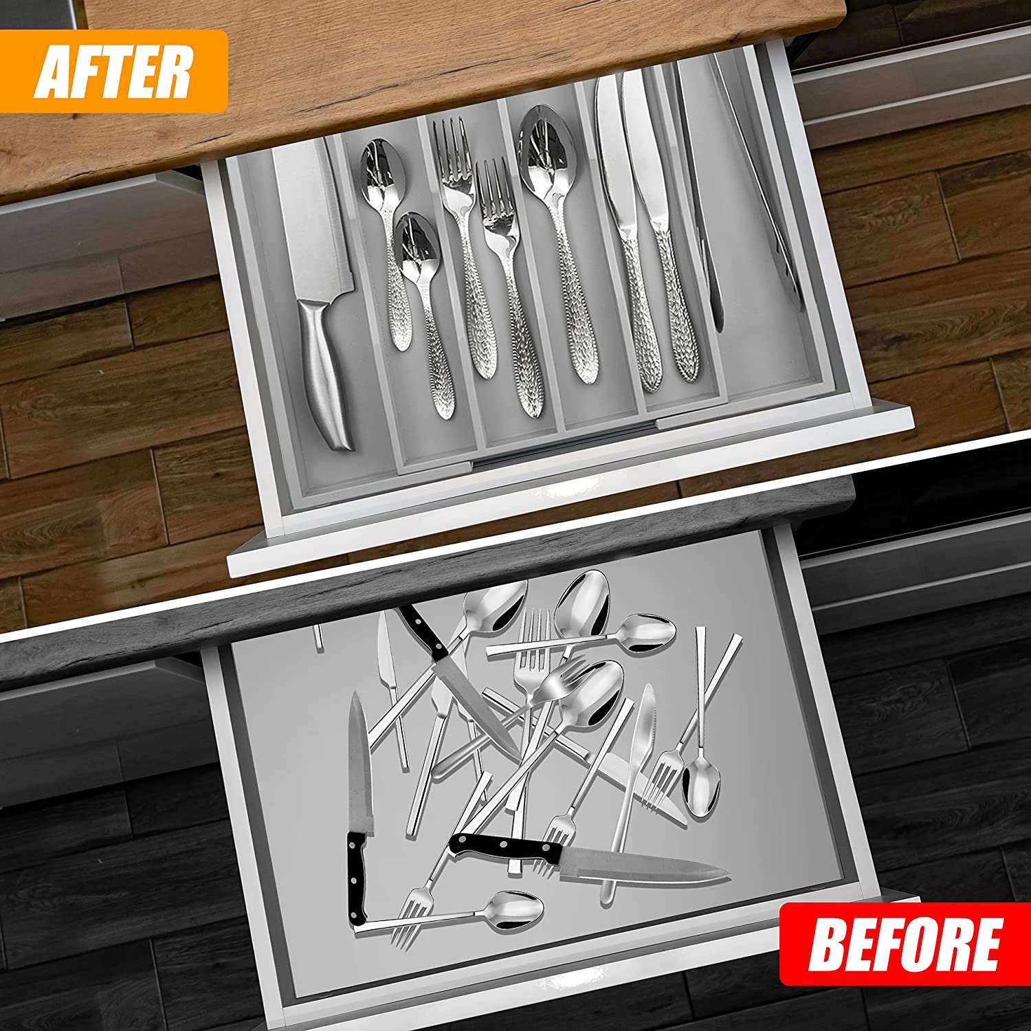bedroom office kitchen makeup utensils silverware flatware adjustable expandable bamboo cutlery tray drawer organizer
