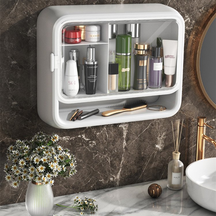 Sesame Drill-free Easy Install Bathroom Makeup Holder Waterproof Wall Hanging Cosmetics Organizer Bathing Products Storage Box
