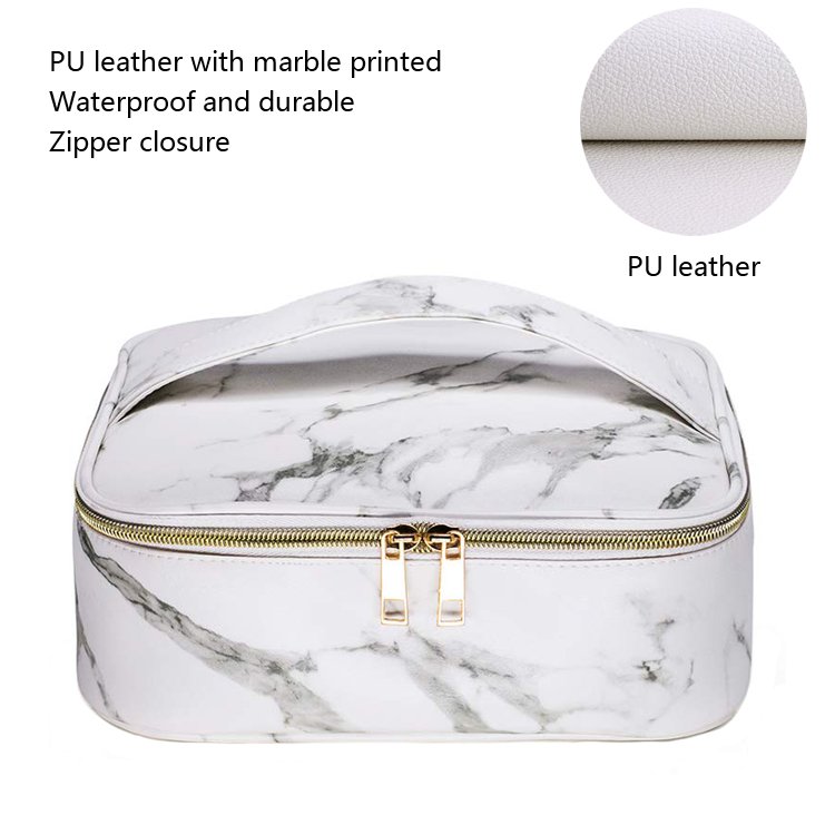 Large Waterproof Marble Makeup Jewelry Organizers And Storage Case White Handle Marble PU Cosmetic Makeup Travel Bag