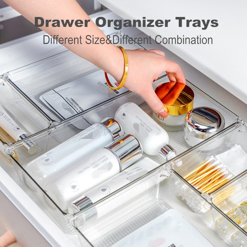 Drawer Organizer Set 16pcs Clear Plastic Drawer Organizer Trays 25pcs for Office Desk Bathroom Bedroom Kitchen