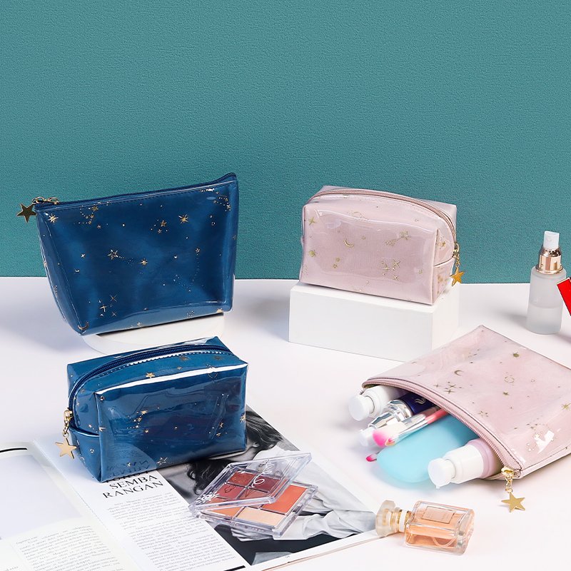 INS Fashion makeup pouch outside cover soft pvc cute moon star pattern velvet cosmetic bags with golden zipper