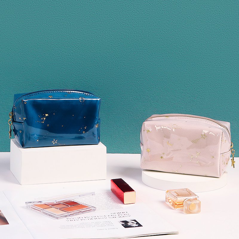 INS Fashion makeup pouch outside cover soft pvc cute moon star pattern velvet cosmetic bags with golden zipper
