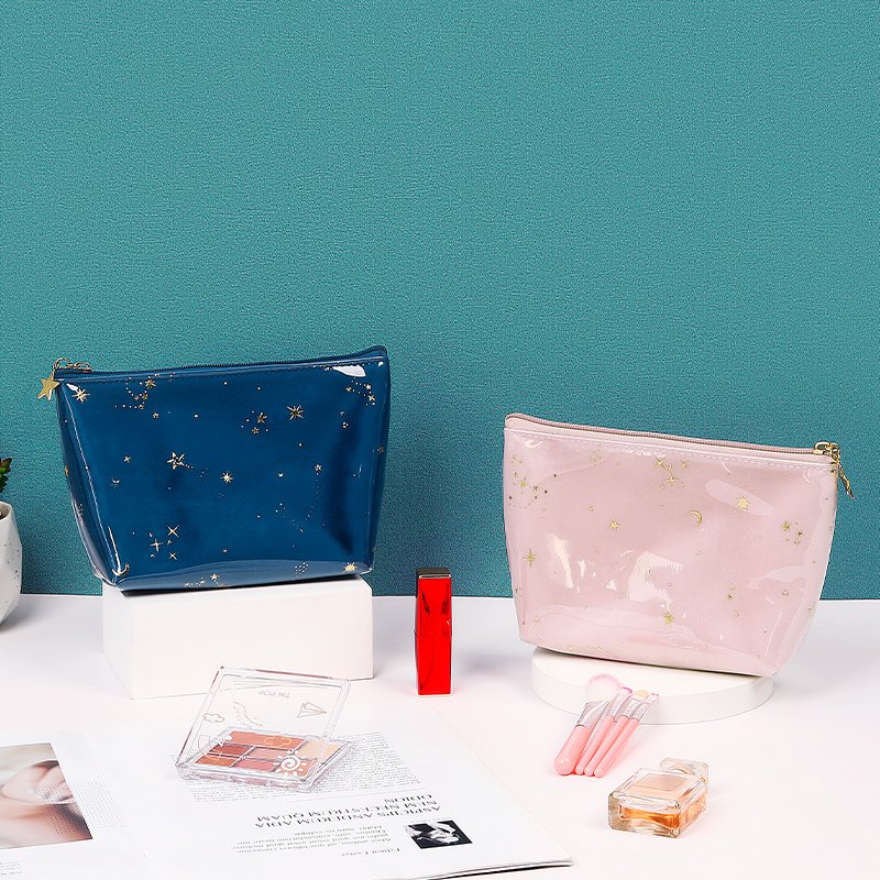 INS Fashion makeup pouch outside cover soft pvc cute moon star pattern velvet cosmetic bags with golden zipper