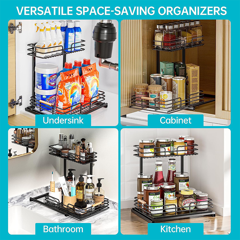 Hot Sale High Quality 2 Tire Black Under Sink Organizer Kitchen Cabinet And Storage Kitchen Counter Top Organizer Shelf