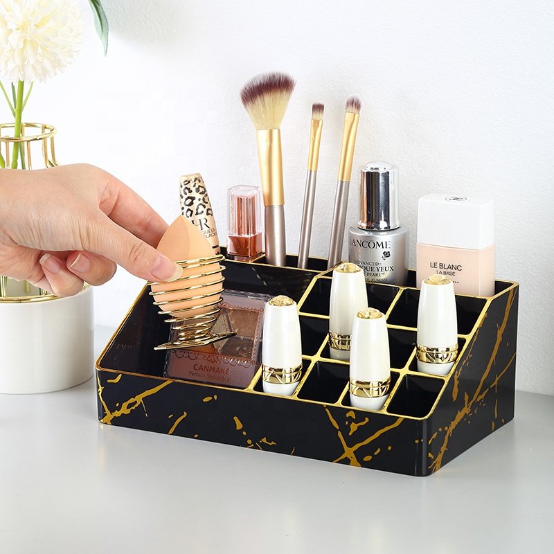 New cosmetic facial case storage box new design black marble small plastic makeup organizer with dividers