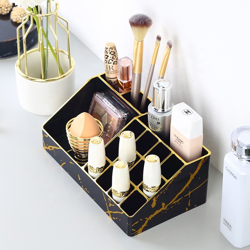 New cosmetic facial case storage box new design black marble small plastic makeup organizer with dividers