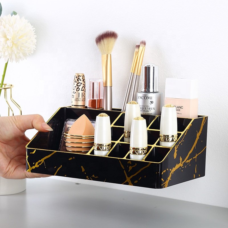 New cosmetic facial case storage box new design black marble small plastic makeup organizer with dividers