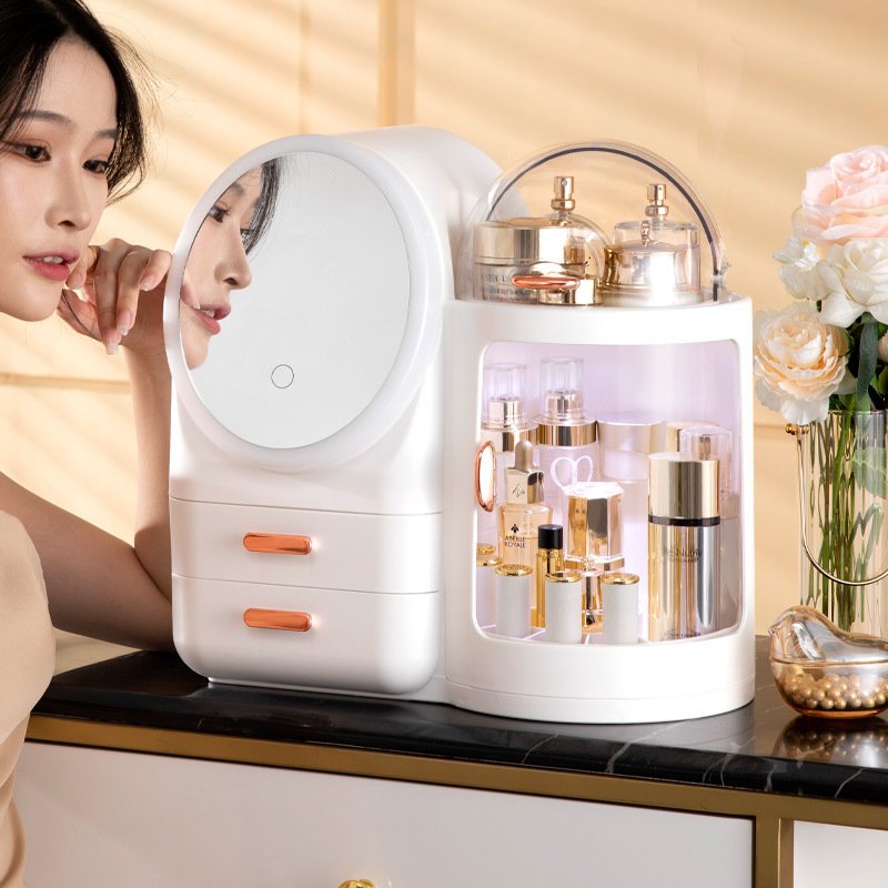 Travel Led Light Usb Cosmetic Organizer Storage Box With Led Light Makeup Desktop Mirror Organizer