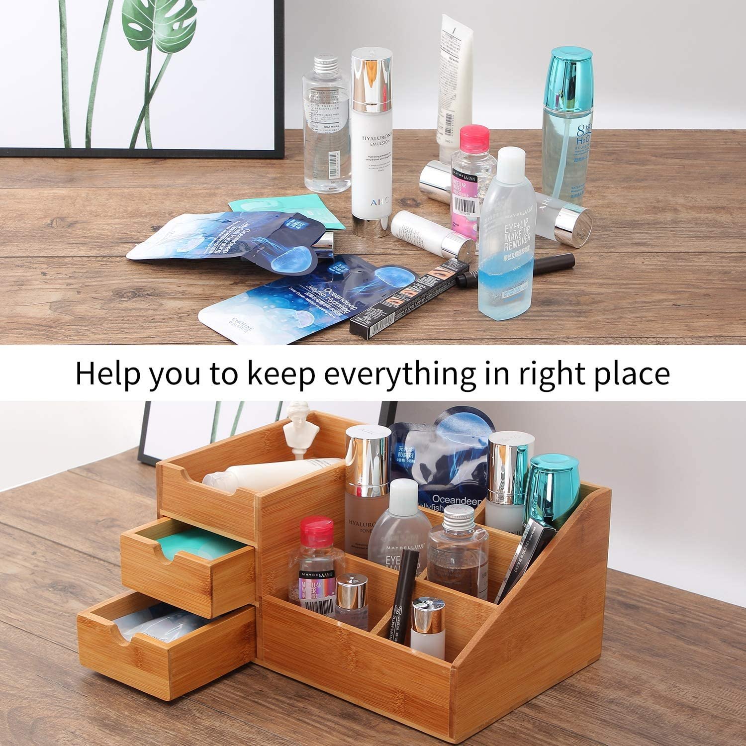 Makeup Organizer Bamboo Bathroom Counter Organizers and Storage for Vanity Countertop or Dresser Top Bamboo Cosmetic Tray