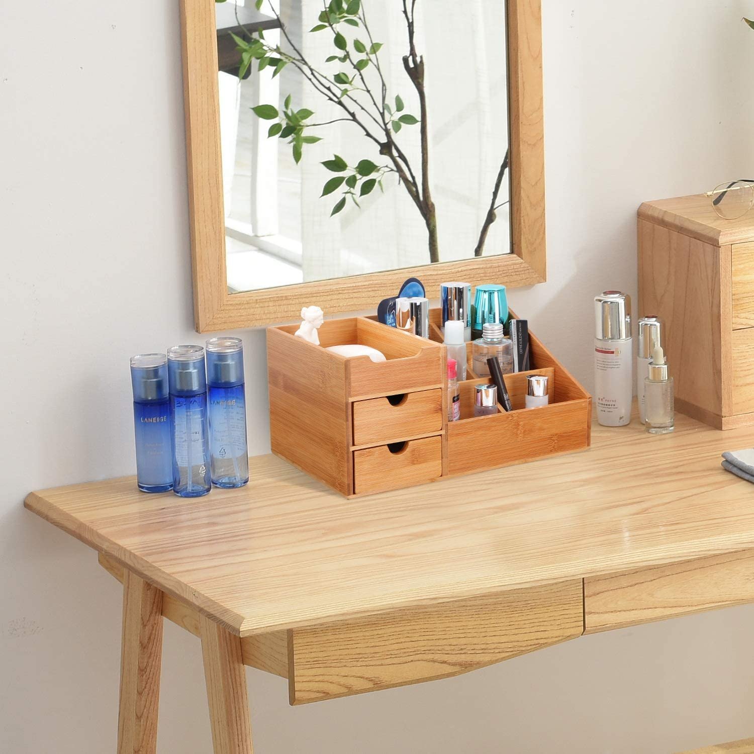 Makeup Organizer Bamboo Bathroom Counter Organizers and Storage for Vanity Countertop or Dresser Top Bamboo Cosmetic Tray