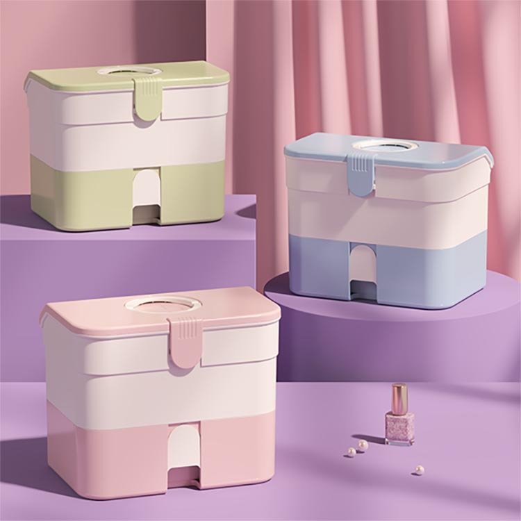 WALUE Cute Nail Tools Storage Box Portable Handle Multi-layered Big Space Green Pink Manicure Cosmetics Makeup Kits Holder