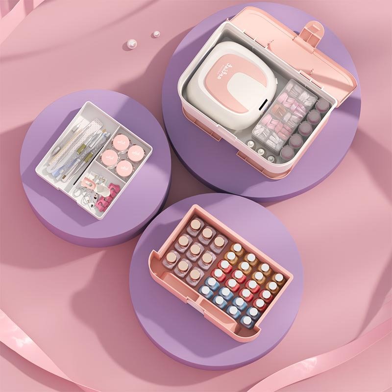 WALUE Cute Nail Tools Storage Box Portable Handle Multi-layered Big Space Green Pink Manicure Cosmetics Makeup Kits Holder