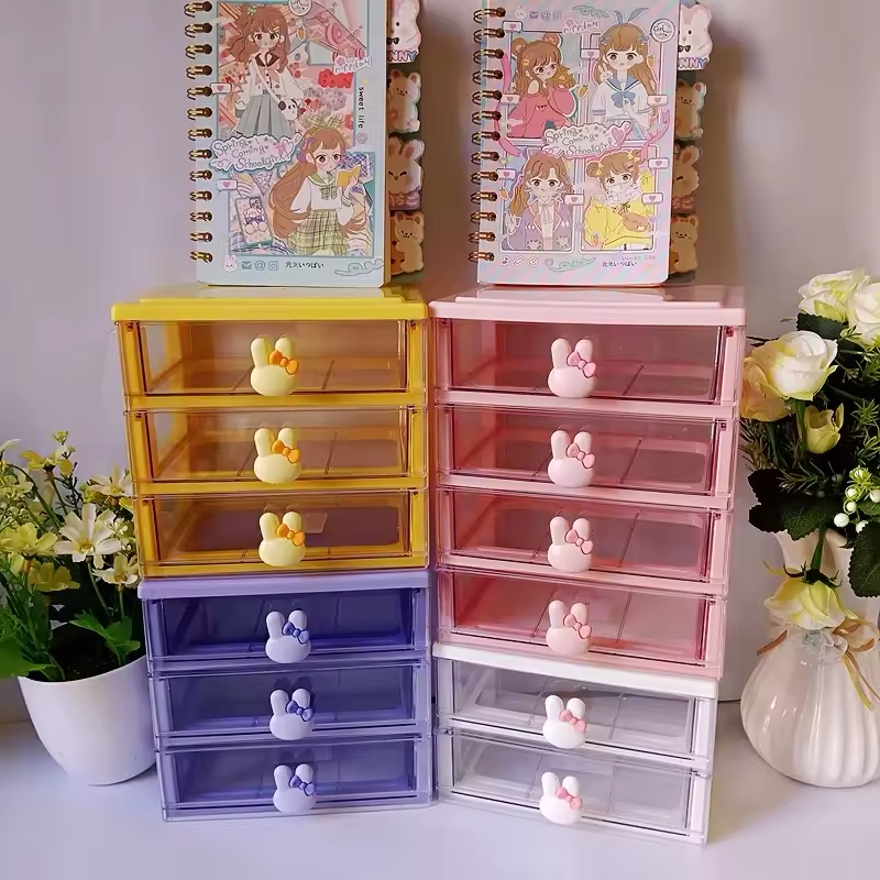2-5 layers cute bunny plastic storage boxes transparent drawers makeup desktop small storage organizer cabinet with rabbit deco
