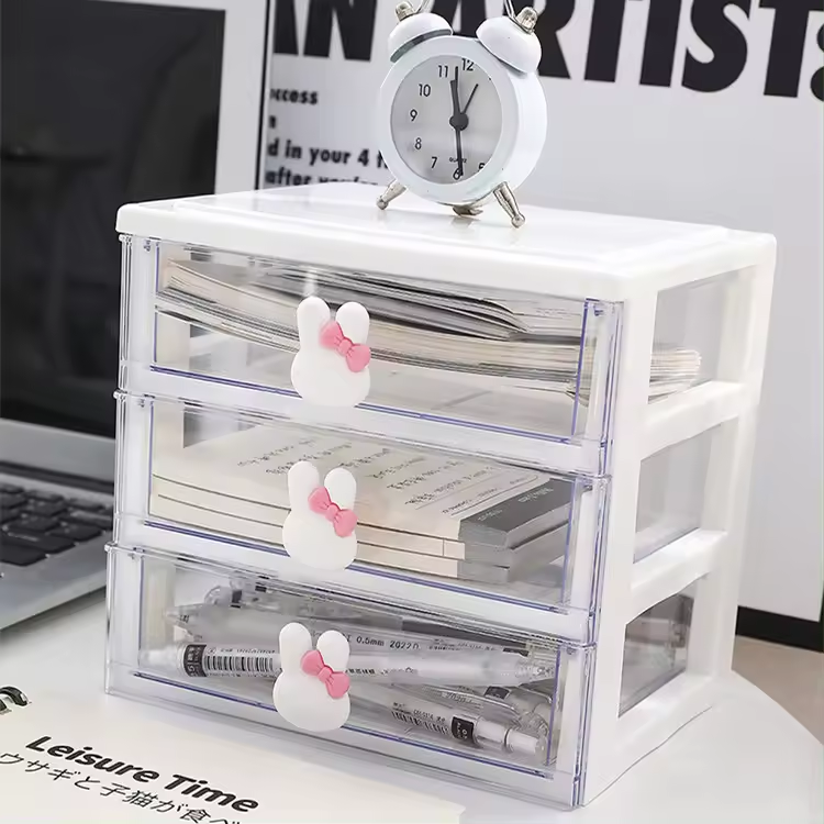 2-5 layers cute bunny plastic storage boxes transparent drawers makeup desktop small storage organizer cabinet with rabbit deco