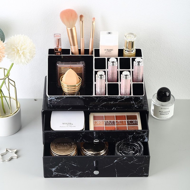 Wholesale countertop black marble cosmetic storage box desktop stackable plastic makeup organizer with drawer