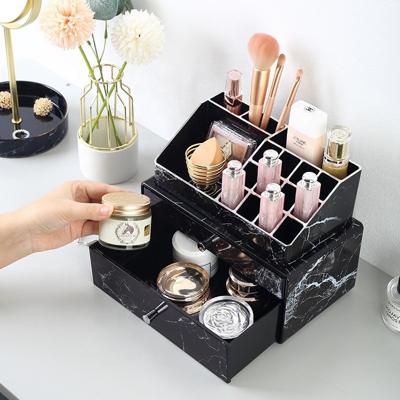 Wholesale countertop black marble cosmetic storage box desktop stackable plastic makeup organizer with drawer