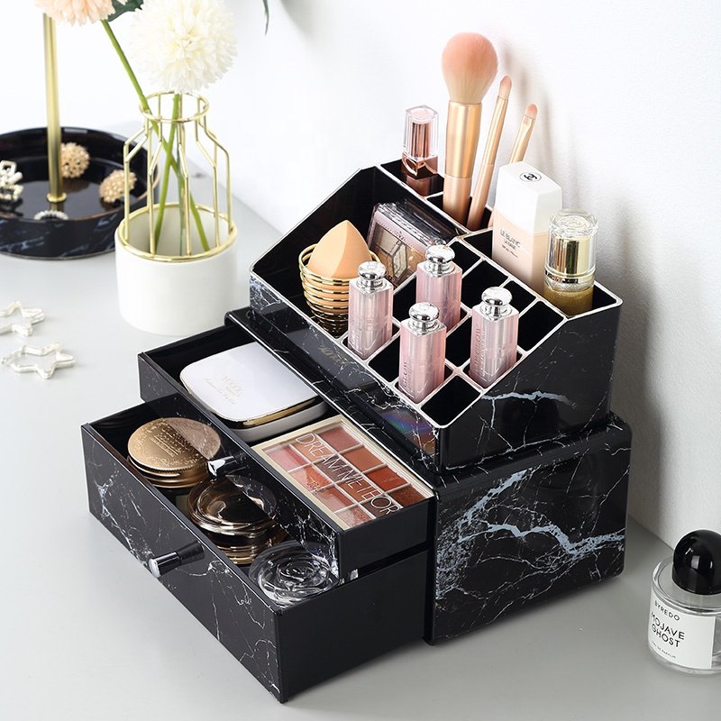 Wholesale countertop black marble cosmetic storage box desktop stackable plastic makeup organizer with drawer
