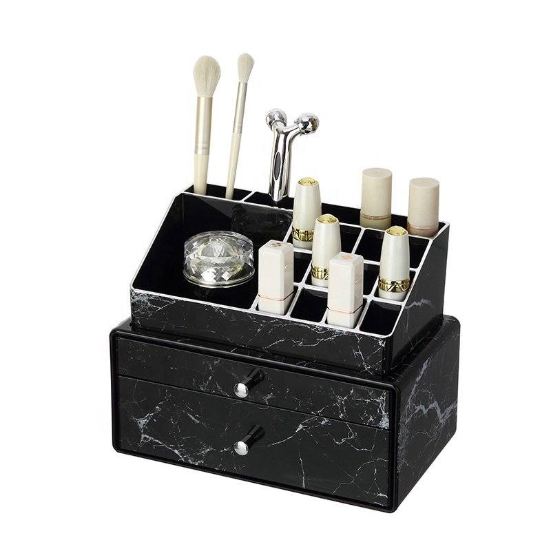 Wholesale countertop black marble cosmetic storage box desktop stackable plastic makeup organizer with drawer