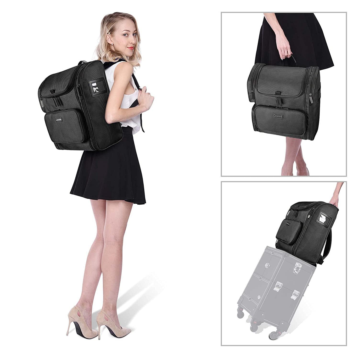 Classic Black Makeup Train Case Soft Sided Barber Cosmetic Backpack Organize Storage Carry on Travel with Side Pocket Bag