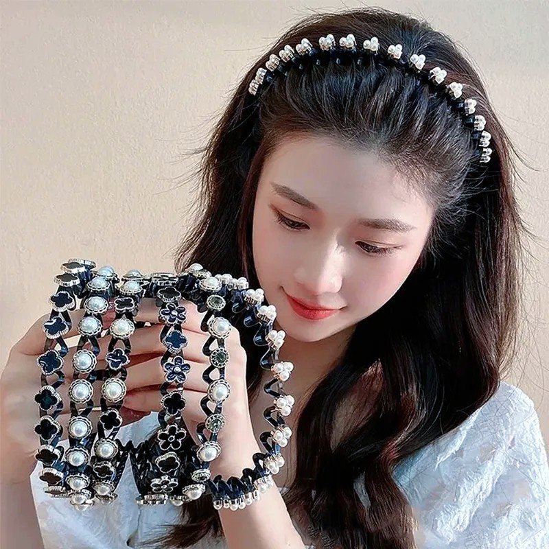 High Quality Elastic Braided Flower hairpin Luxury Pearl Makeup Headband Fashionable Crystal Hairpin For Women