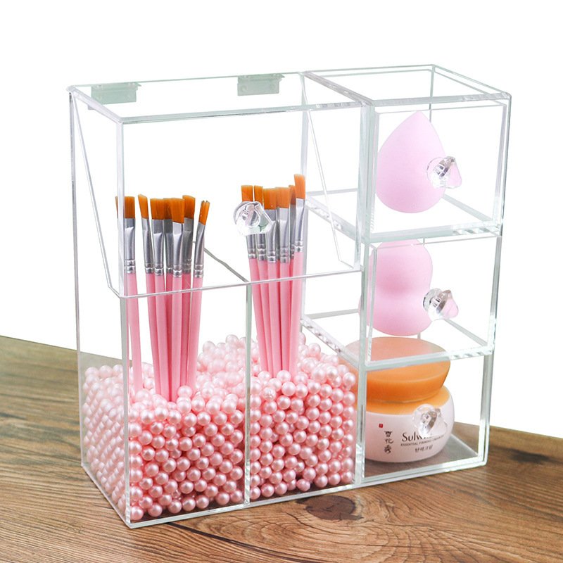 Custom Multifunctional Makeup Tools Storage Box Organizer Transparent Flip Barrel Injection Acrylic Pearl Brush Bucket