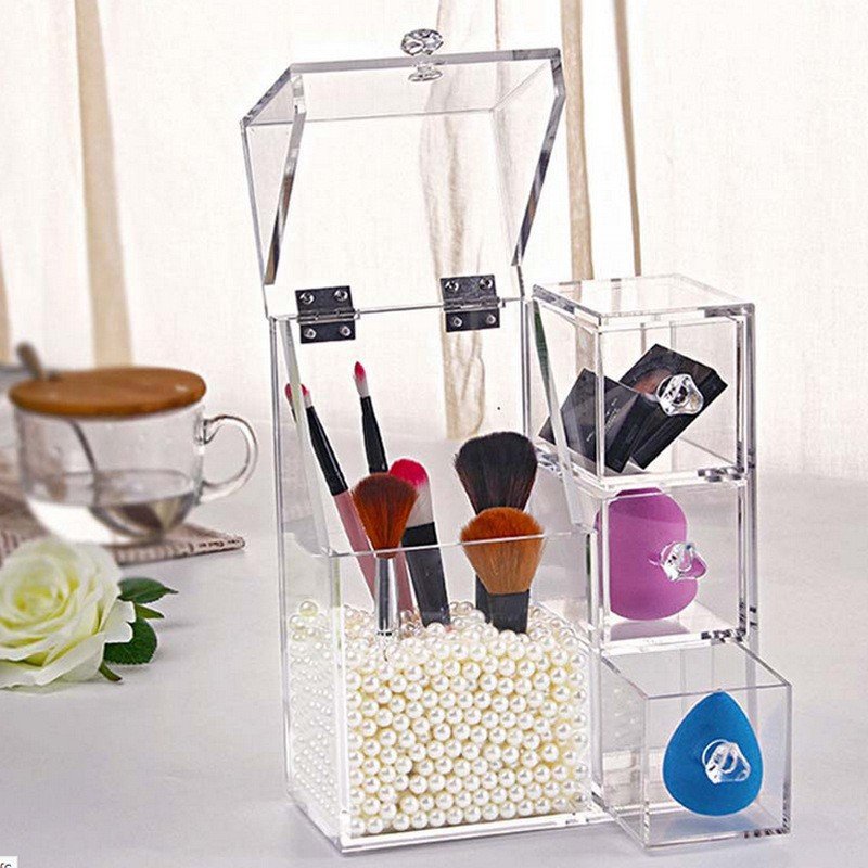 Custom Multifunctional Makeup Tools Storage Box Organizer Transparent Flip Barrel Injection Acrylic Pearl Brush Bucket