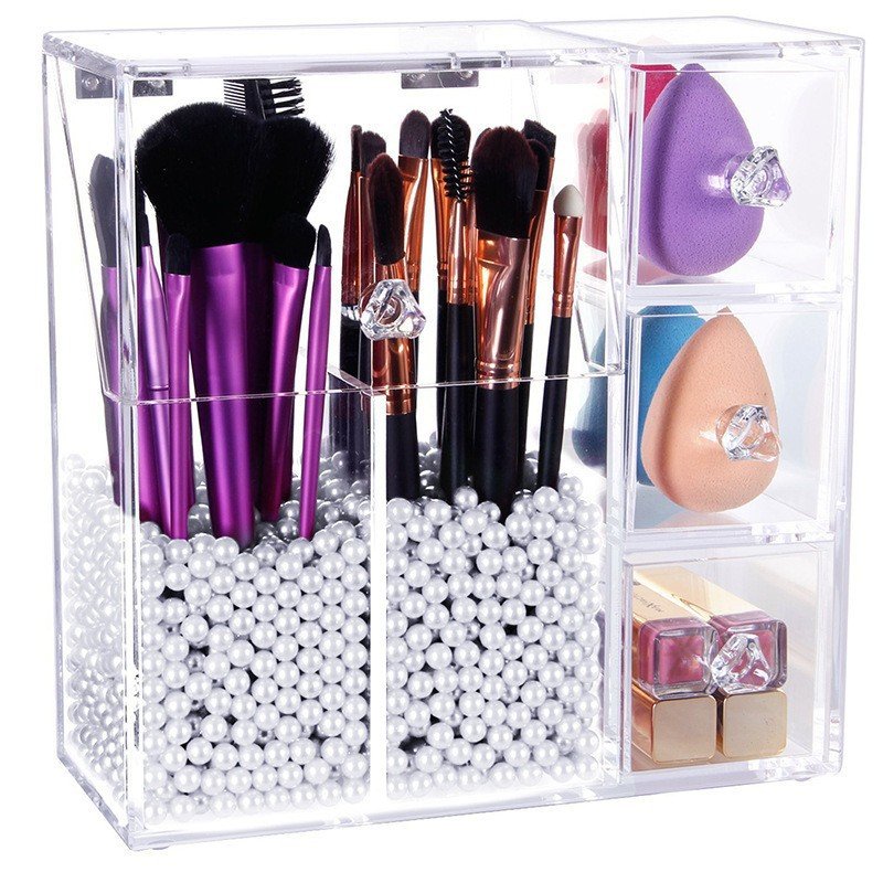 Custom Multifunctional Makeup Tools Storage Box Organizer Transparent Flip Barrel Injection Acrylic Pearl Brush Bucket