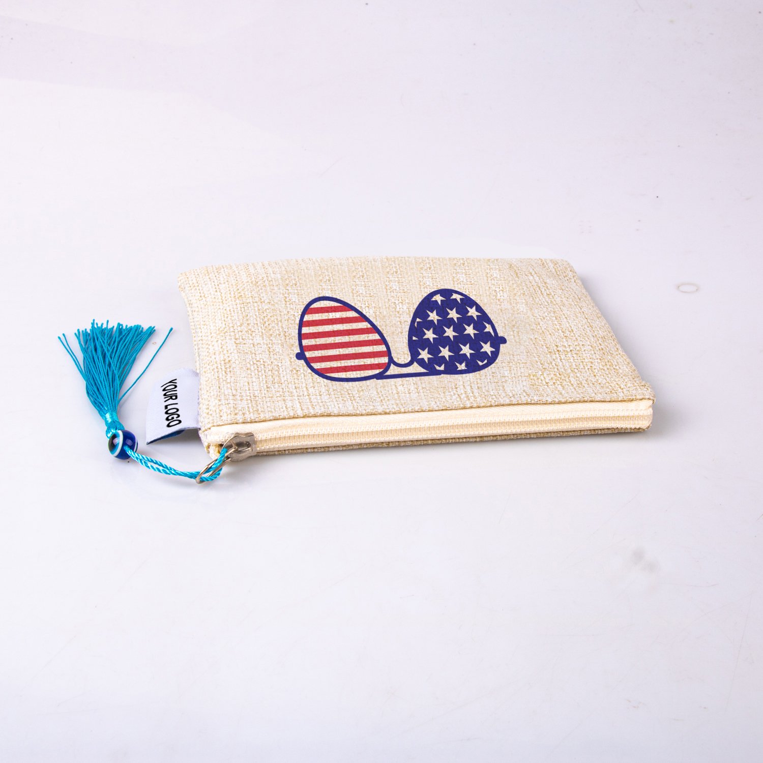 New Arrival polyester linen type cloth makeup bag sun glasses design cosmetics brush storage zipper pouch For Souvenir Gift