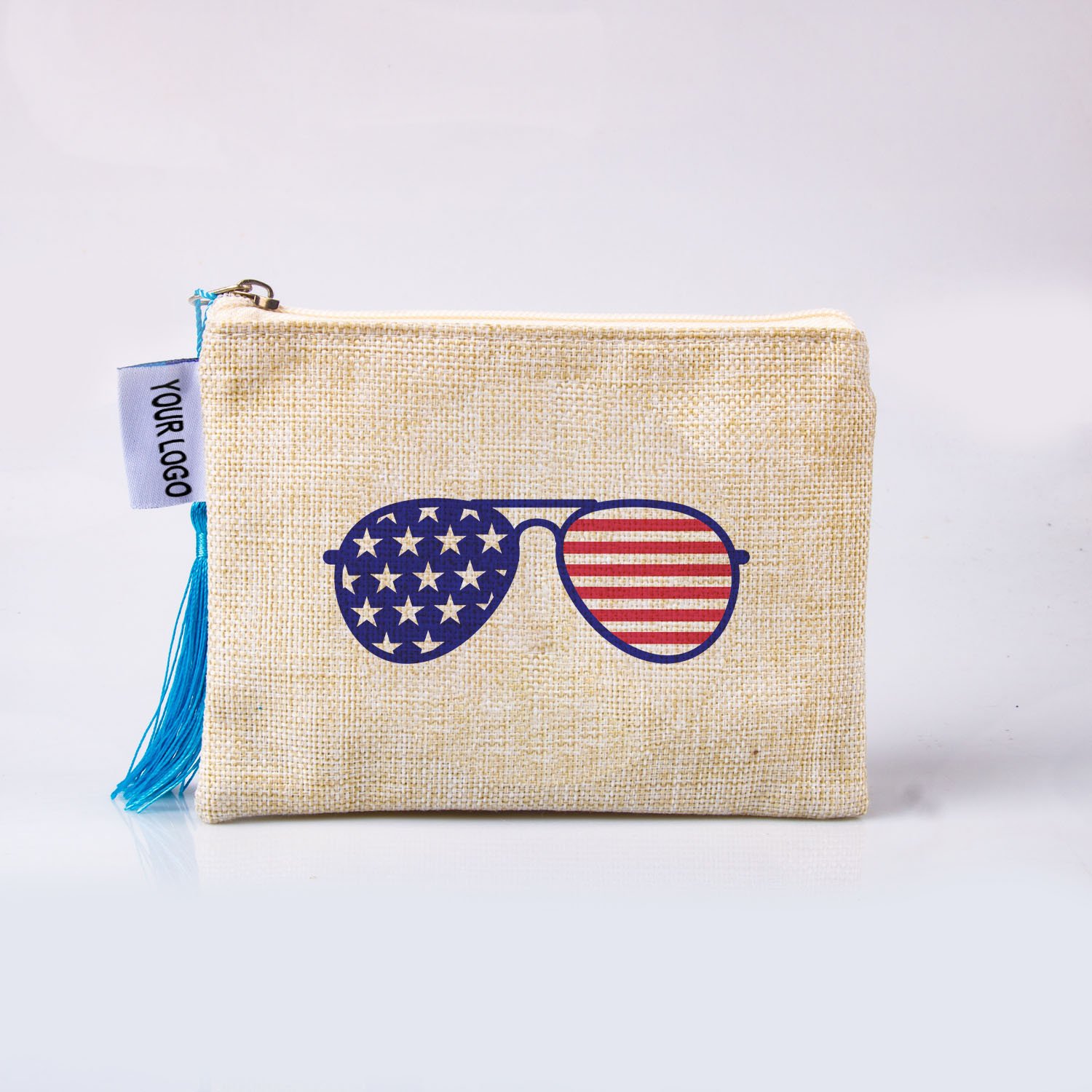 New Arrival polyester linen type cloth makeup bag sun glasses design cosmetics brush storage zipper pouch For Souvenir Gift