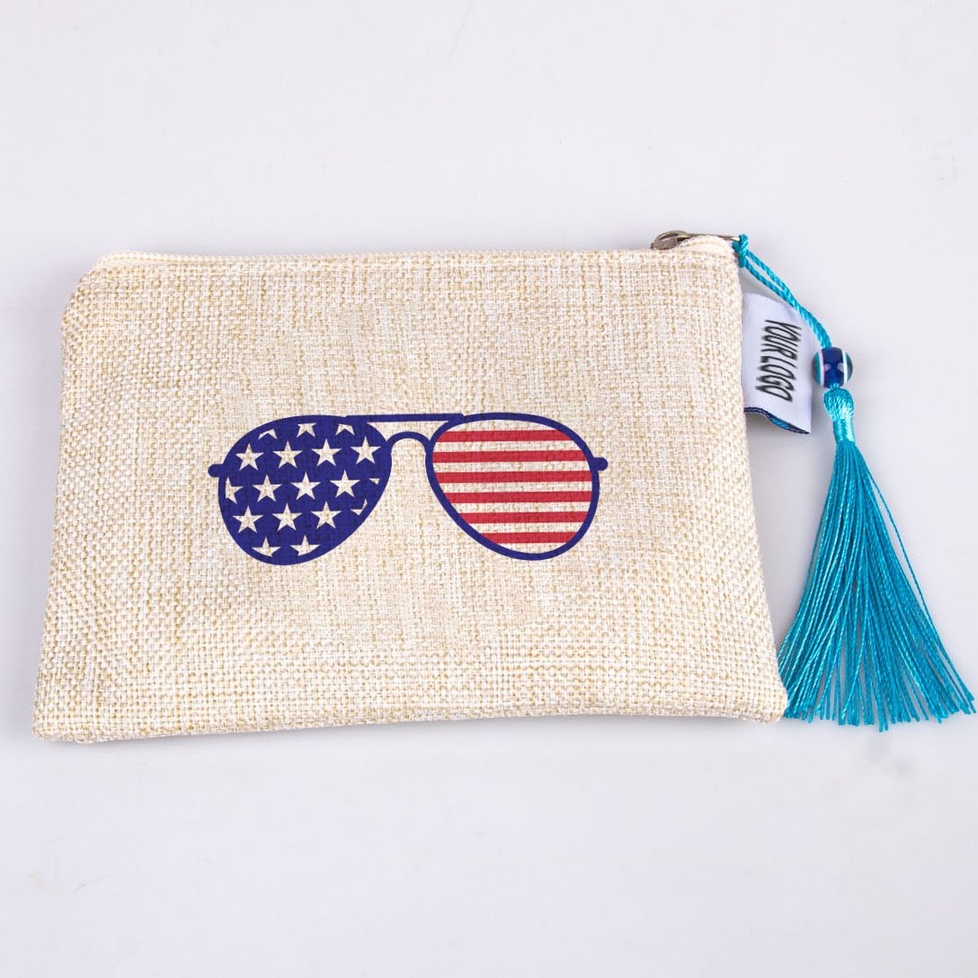 New Arrival polyester linen type cloth makeup bag sun glasses design cosmetics brush storage zipper pouch For Souvenir Gift