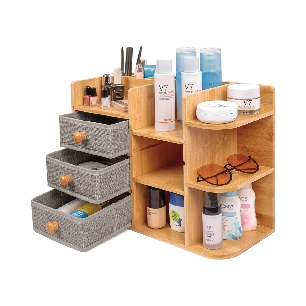 100% Bamboo Makeup Cosmetic Storage Organizer Multi-Functional Wood Cosmetic Large Capacity Caddy Shelf Cosmetics Organizer
