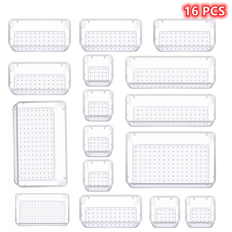25 PCS Plastic Clear Drawer Organizers Tray Set 4-Size Versatile Bathroom and Vanity Drawer Organizer Storage Bins for Makeup