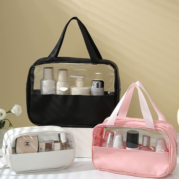 Custom Logo Clear Makeup Bag Zipper Closure Fashionable PVC PU Transparent Beauty Skin Care Pouch Female Cosmetic Toiletry Bag
