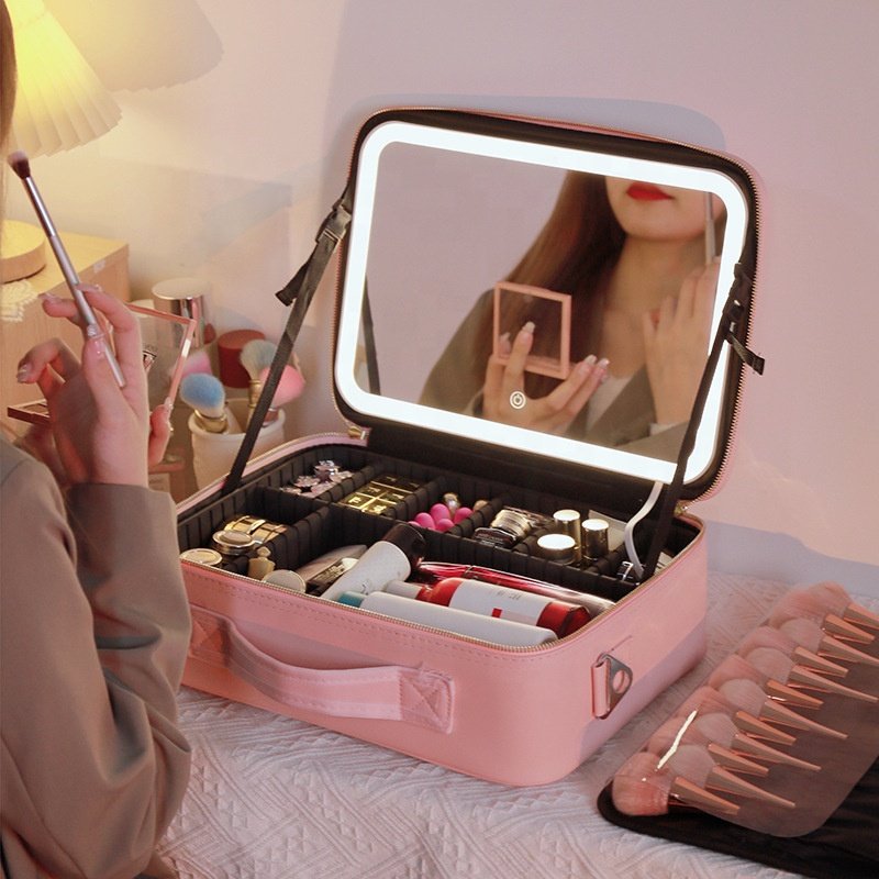 Makeup Case High Capacity Cosmetic Suitcase Full Empty Travel Makeup Organizer Make Up Storage bag LED mirror