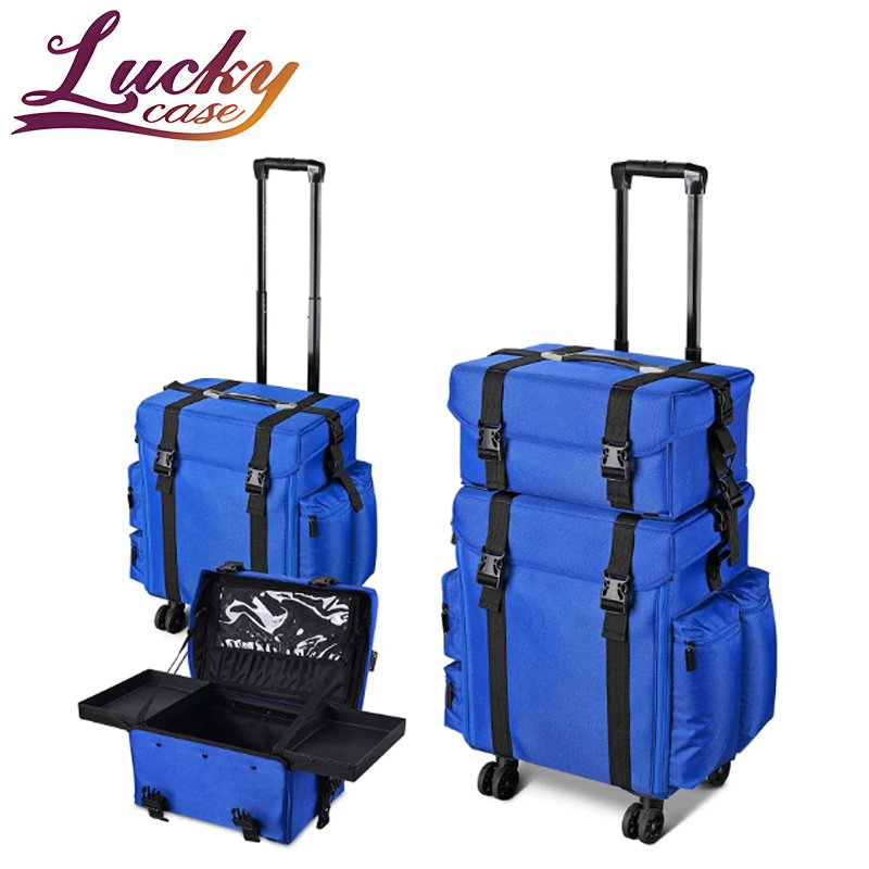 Bright Blue 2 in 1 Soft Sided Rolling Makeup Bag Portable Travel Trolley Makeup Bag Artist Cosmetic Organize Storage Case