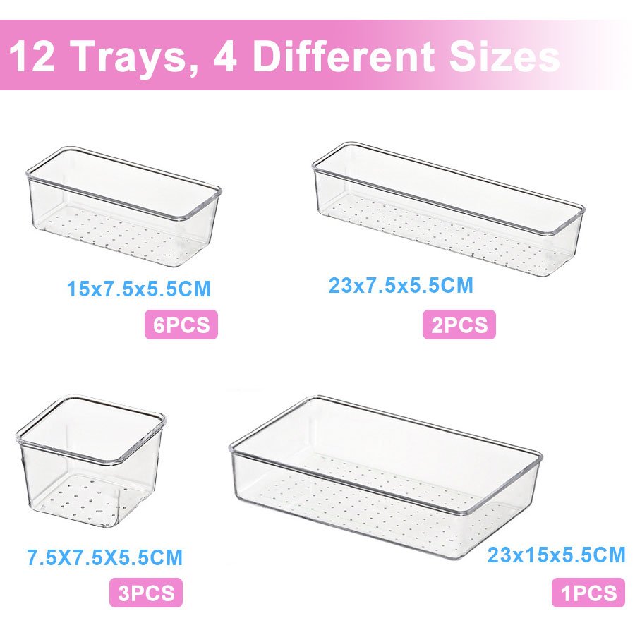12 Pcs Home Kitchen Utensil Tray Clear Transparent Plastic Desk Drawer Organizers Storage Box Set