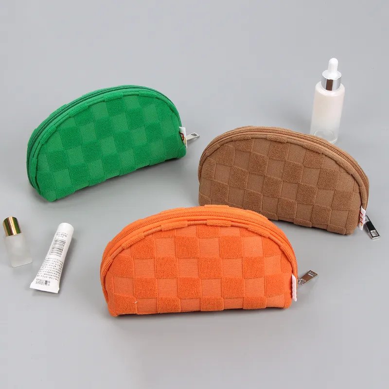 promotional shell Towel Cosmetic Bags Terry Cloth Makeup Organizer Custom checkered Makeup pouch Skincare toiletry Bag for women