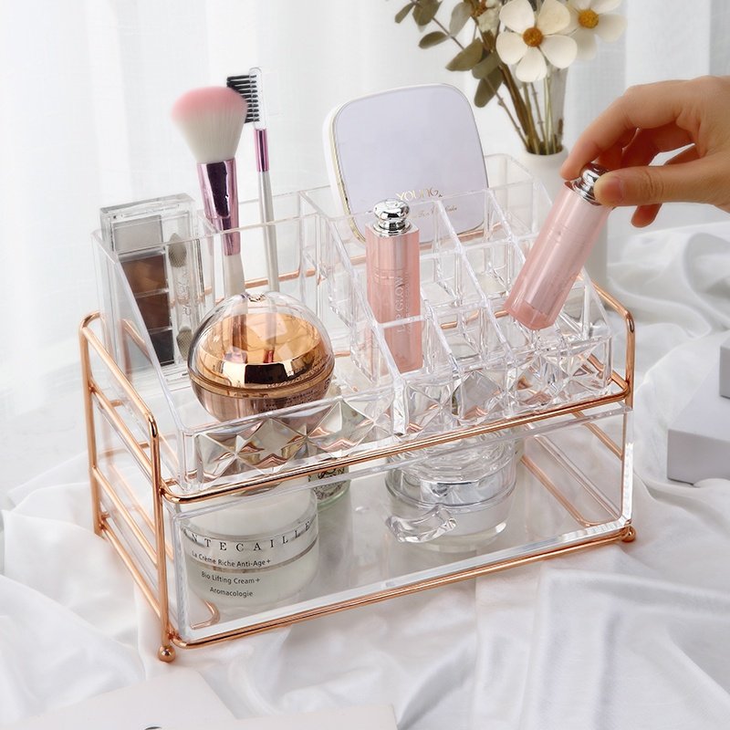 Luxury dresser desk cosmetic jewelry storage box 2 layers plastic transparent makeup organizer with rose golden metal rack
