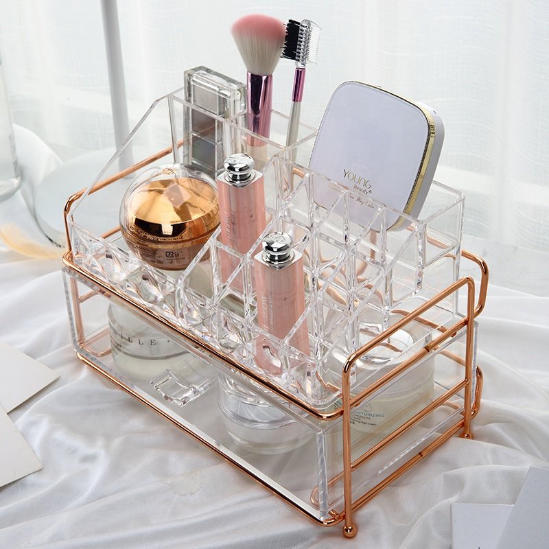 Luxury dresser desk cosmetic jewelry storage box 2 layers plastic transparent makeup organizer with rose golden metal rack